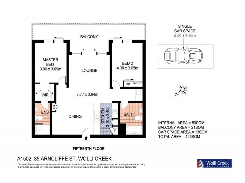 A1502/35 Arncliffe St, Wolli Creek NSW 2205 Floorplan