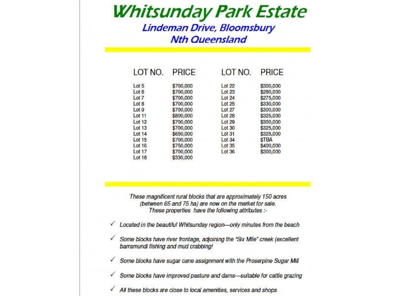 LOTS 18 – 36 LINDEMAN DRIVE & EXMOOR ROADS BLOOMSBURY, Midge Point QLD 4799